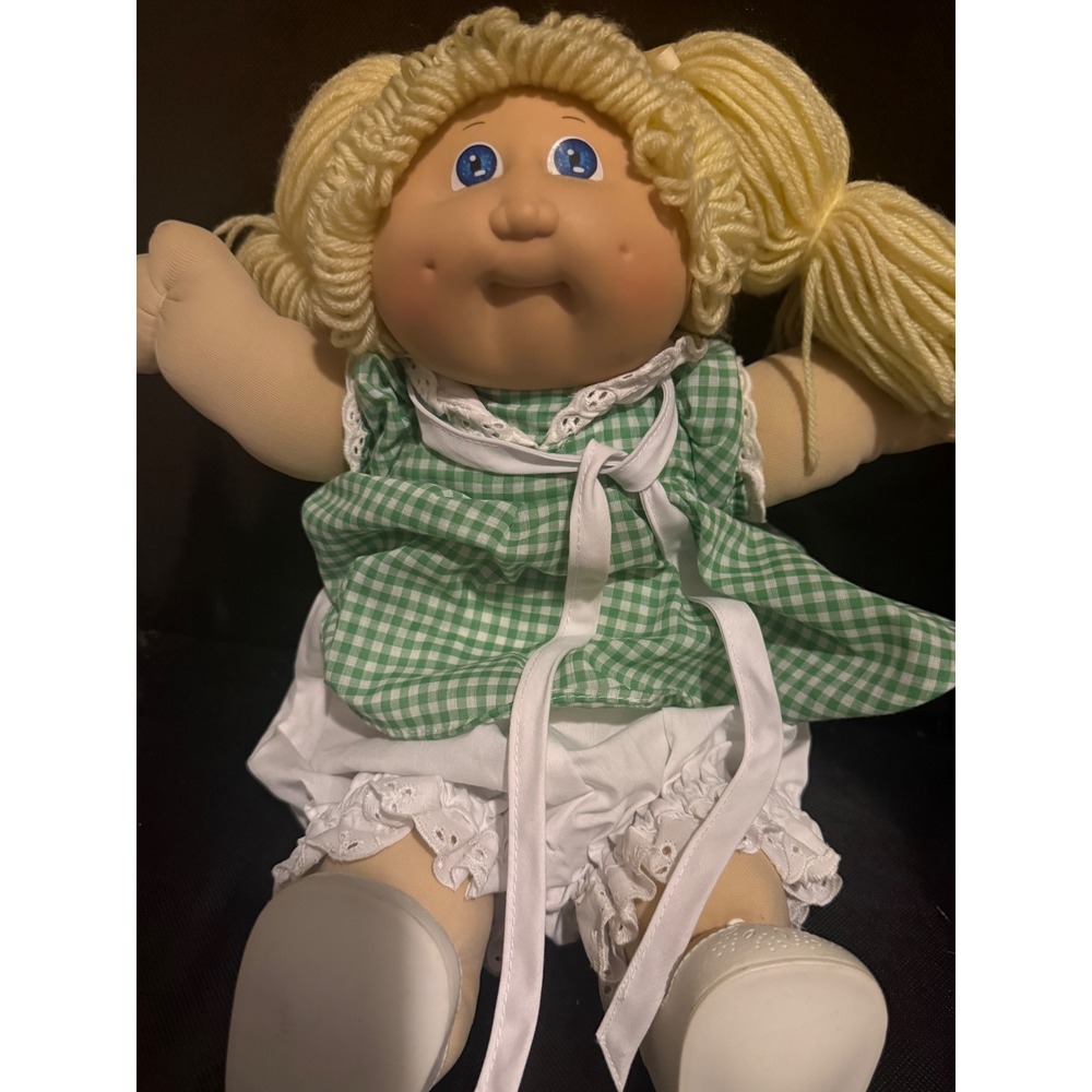 Vintage Cabbage Patch Kids Doll Blonde Yarn Hair Blue Eyes Green Gingham Coleco